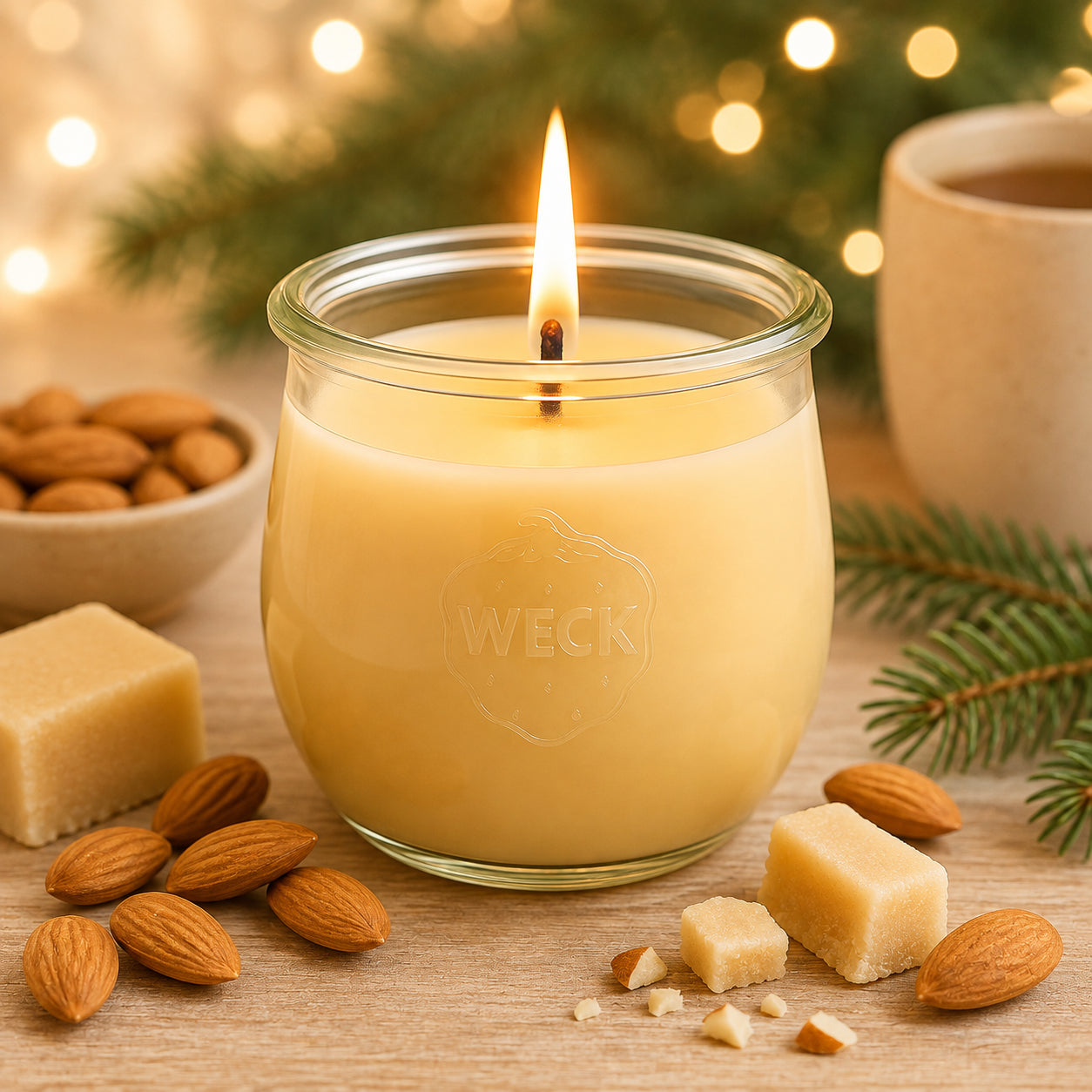 Marzimandel Duftkerze aus Kokoswachs im WECK-Glas mit Mandeln und weihnachtlicher Dekoration.