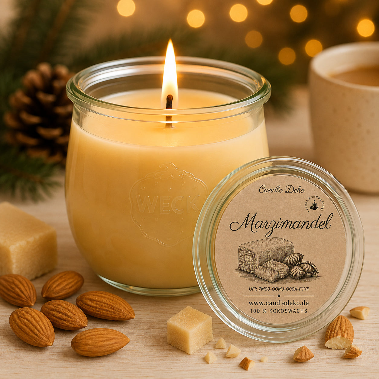 Marzipan-Mandel große Duftkerze aus Kokoswachs im originalen WECK-Glas von CandleDeko, mit Mandeln und weihnachtlicher Dekoration.