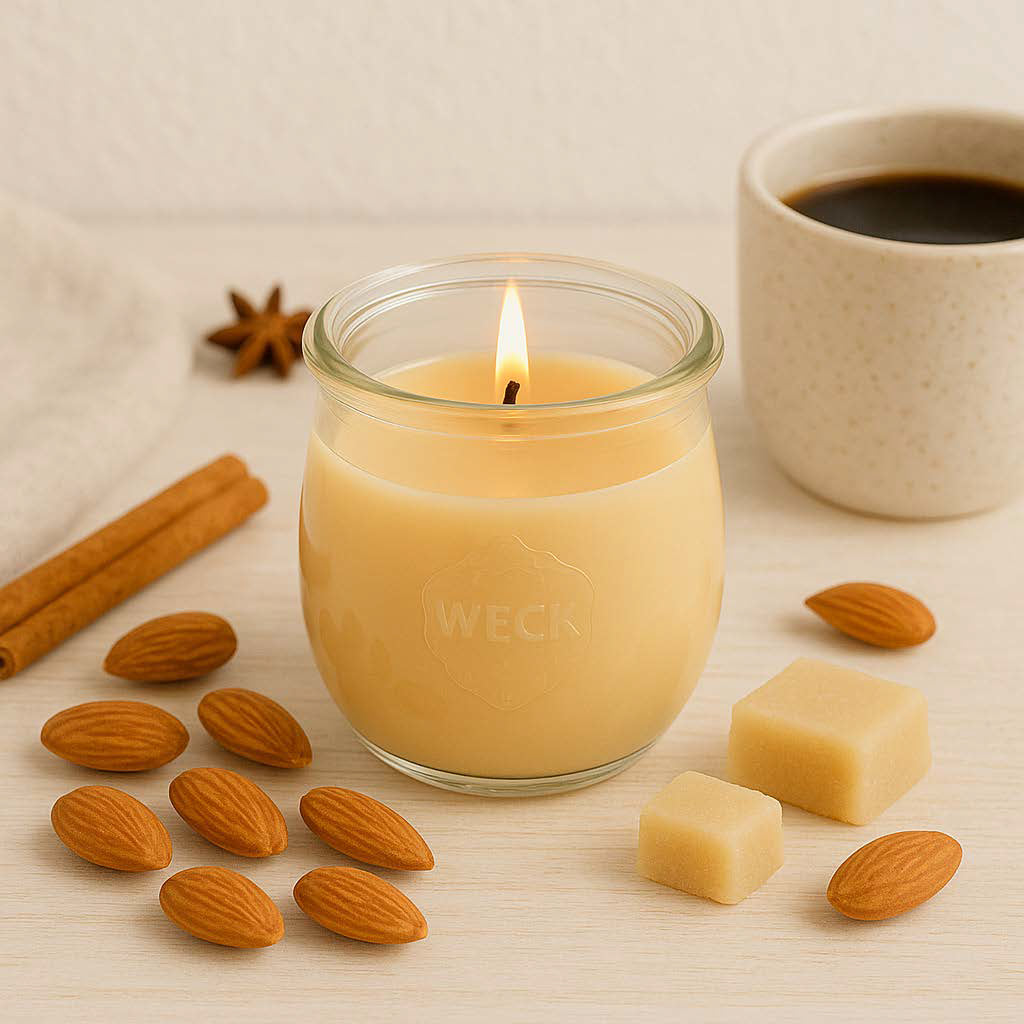 Große Marzipan und Mandel Duftkerze aus Kokoswachs im WECK-Tulpenglas neben frischem Kaffee, Marzipan und Mandeln.