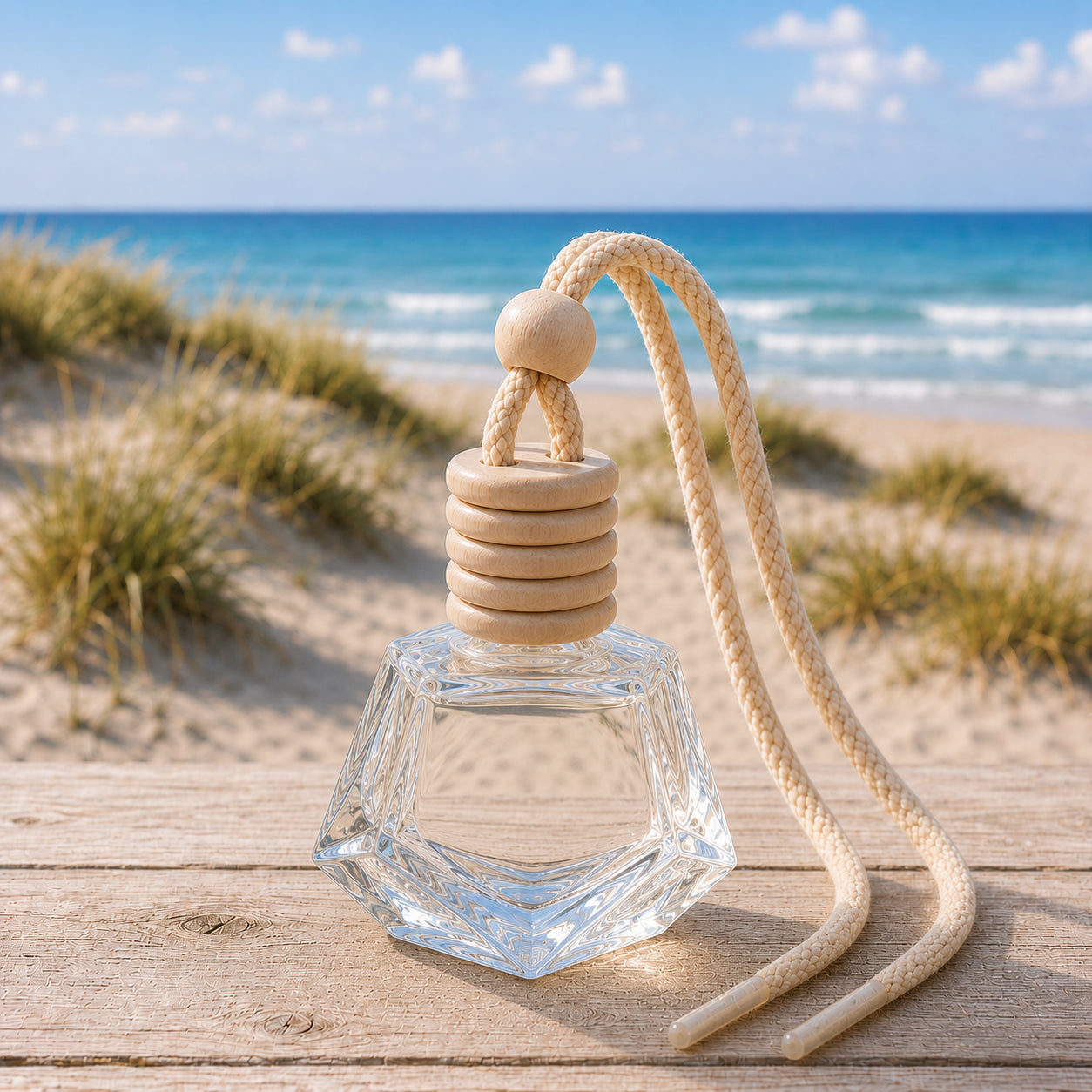 Eleganter CandleDeko Meeresbrise Autoduft Flakon auf Holzbrett am Sandstrand vor dem blauen Meer
