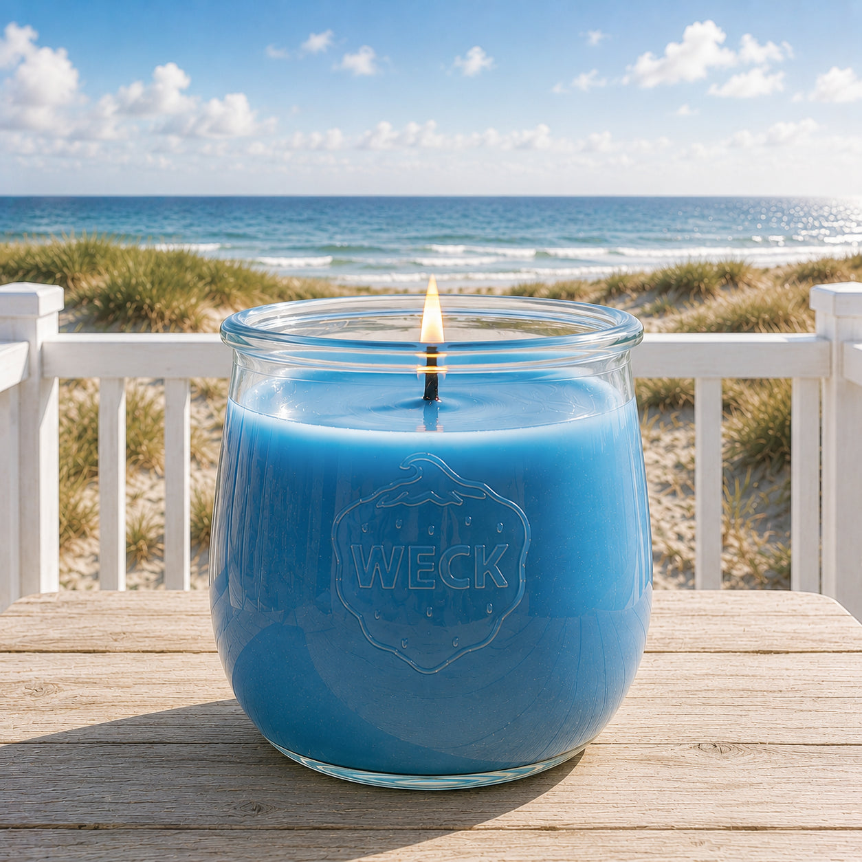 Große Meeresbrise Duftkerze aus Kokoswachs im WECK-Tulpenglas auf einer Terrasse mit Blick auf Strand und Meer.