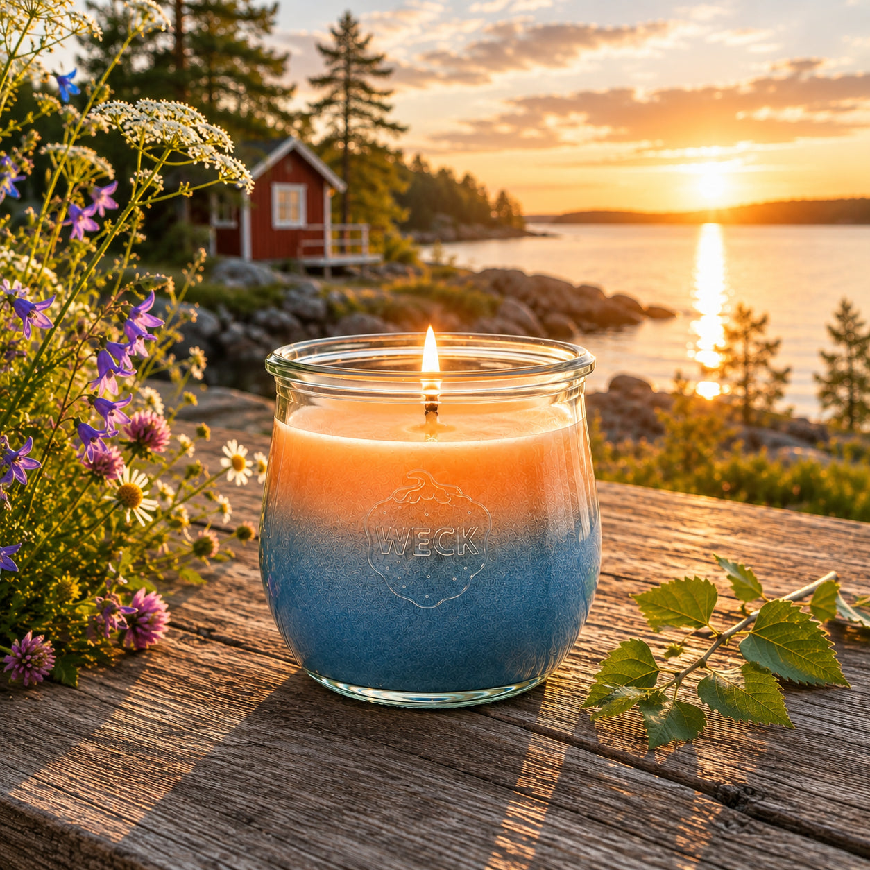 Große Midsommer Duftkerze aus Kokoswachs im WECK-Tulpenglas neben auf einem Holztisch am skandinavischen See. Die warmen Farben der Mitternachtssonne spiegeln sich im ruhigen Wasser und schaffen die besondere Stimmung eines nordischen Sommerabends.