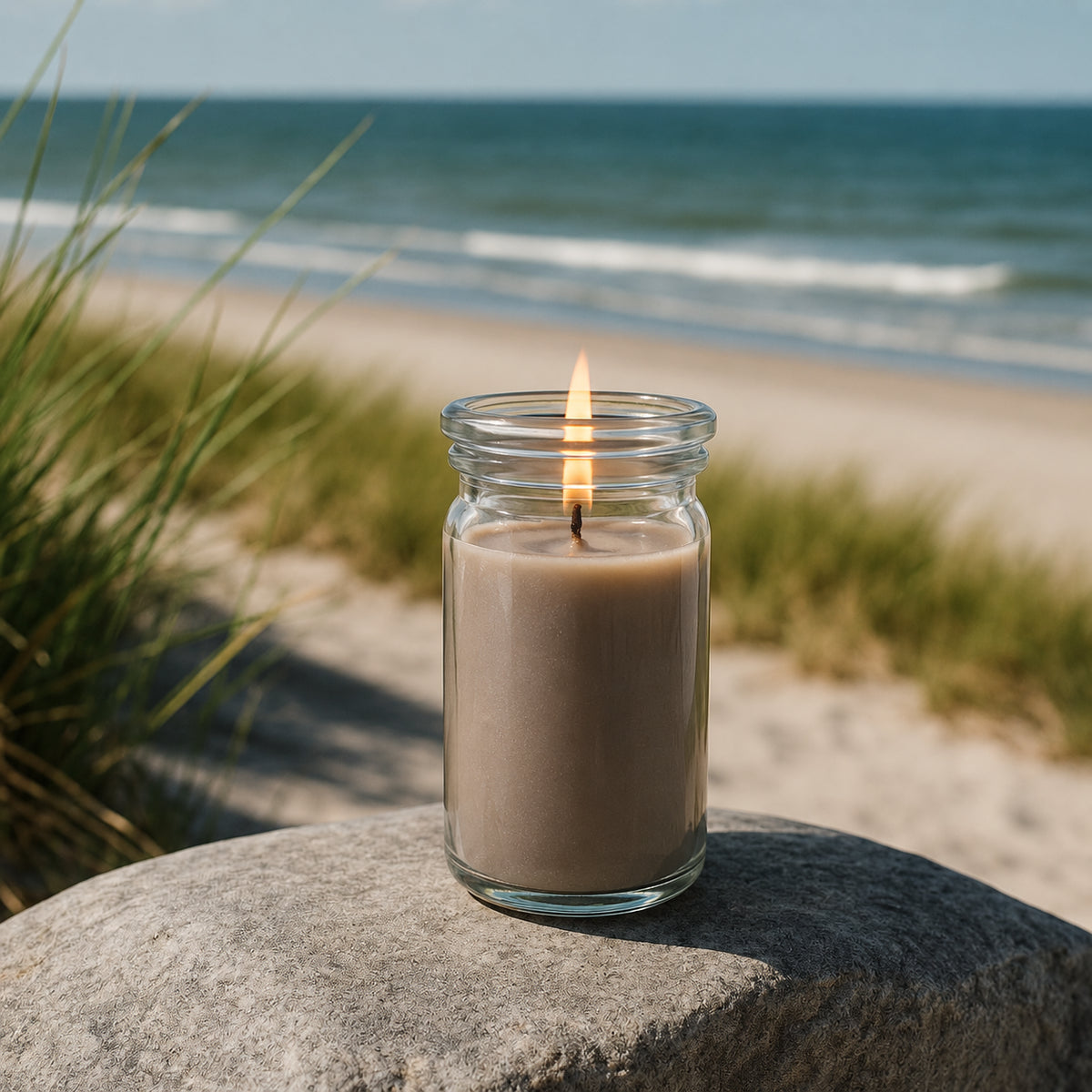 Nordische Küste kleine Duftkerze aus Kokoswachs im WECK-Tulpenglas von CandleDeko, auf Felsen vor Strand und Meer.