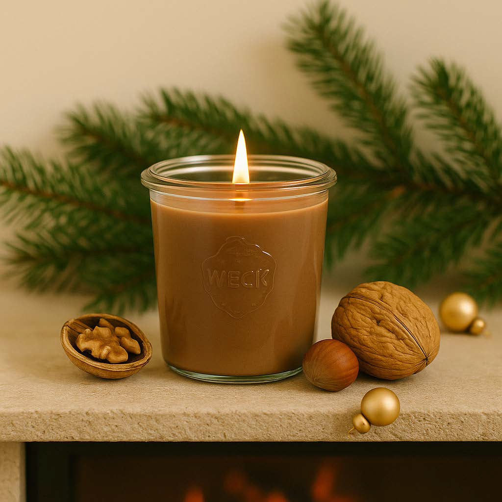 Nussknacker große Duftkerze aus Kokoswachs im WECK-Tulpenglas von CandleDeko, neben Walnüssen und Haselnüssen.