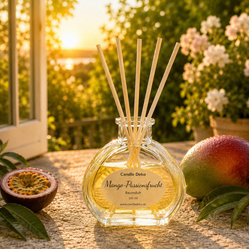CandleDeko Mango-Passionsfrucht Raumduft im Herzglas platziert in einer bunten, tropischen Sommerszene