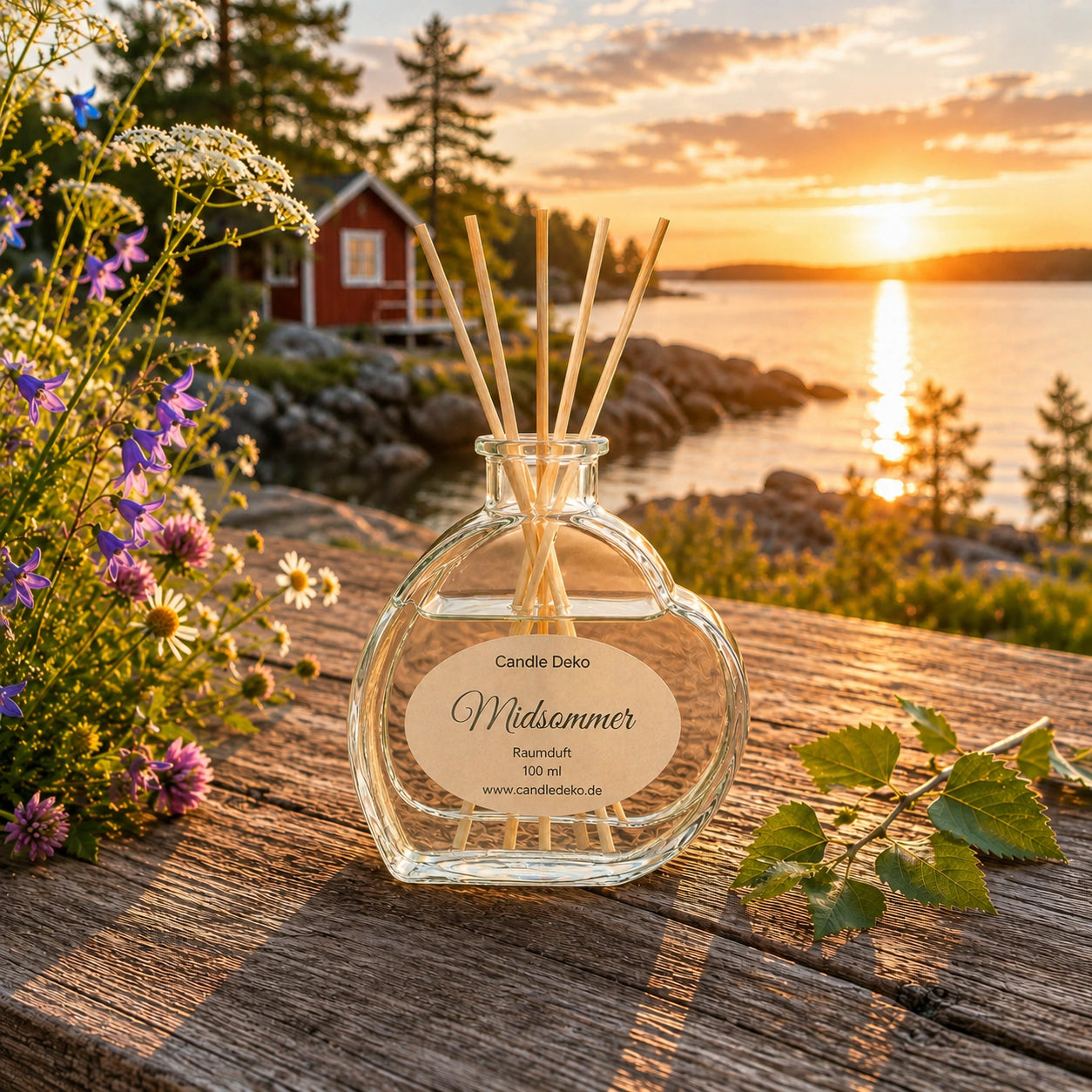 Raumduft „Midsommer“ mit Duftstäbchen auf einem rustikalen Holztisch am skandinavischen See. Die Mitternachtssonne taucht Wasser und Landschaft in warmes Licht und schafft eine ruhige, sommerliche Atmosphäre.