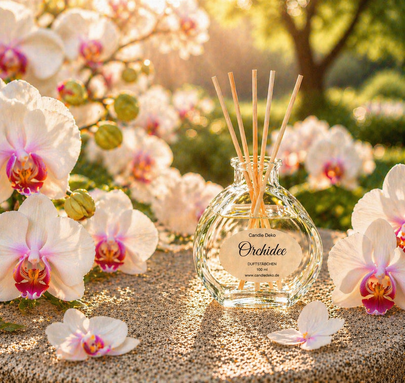 CandleDeko Orchidee Raumduft im Herzglas auf einer Natursteinplatte zwischen blühenden Orchideen im Abendlicht