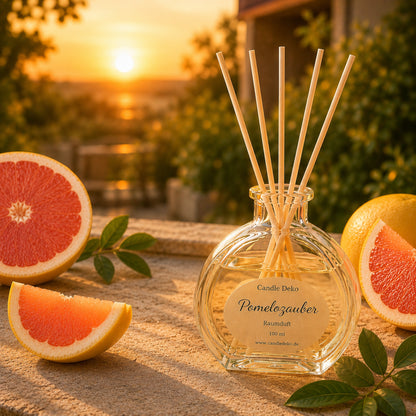 CandleDeko Pomelozauber Raumduft im Herzglas auf einer Natursteinplatte zwischen Pomelo und Grapefruit im Garten.