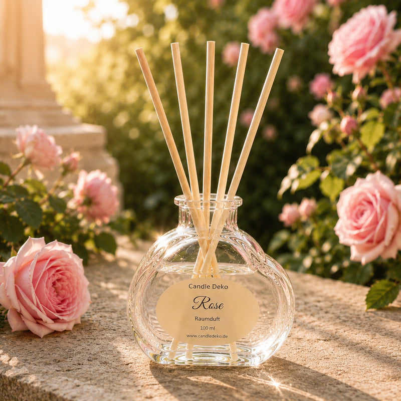 Eleganter CandleDeko Raumduft mit Duftstäbchen im stilvollen Herzglas mit elegantem Rosen-Duft  auf einer Steinplatte umgeben von rosa Rosenblüten im warmen Sonnenlicht.