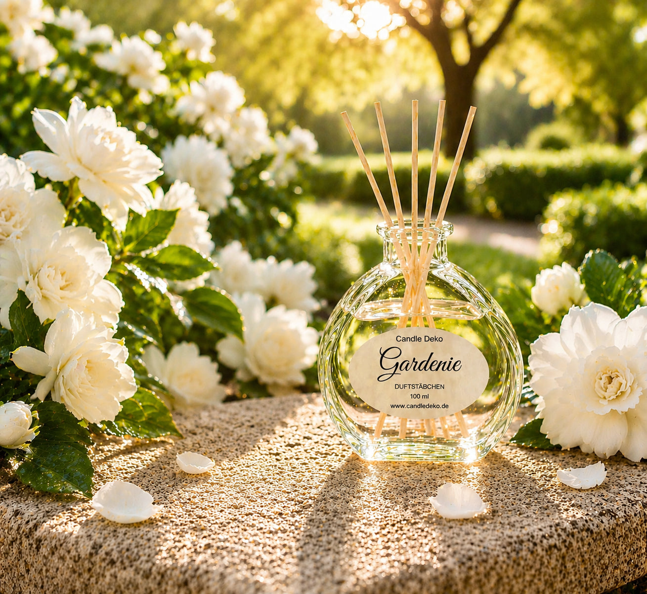 CandleDeko Gardenie Raumduft im Herzglas auf einer Natursteinplatte zwischen blühenden Gardenien im Sonnenlicht