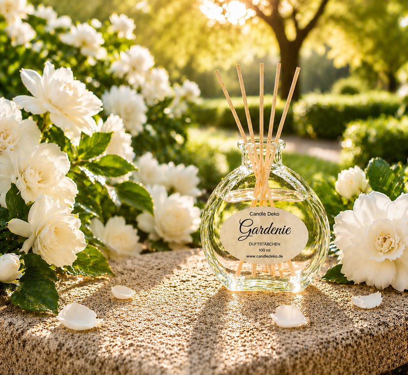 CandleDeko Gardenie Raumduft im Herzglas auf einer Natursteinplatte zwischen blühenden Gardenien im Sonnenlicht