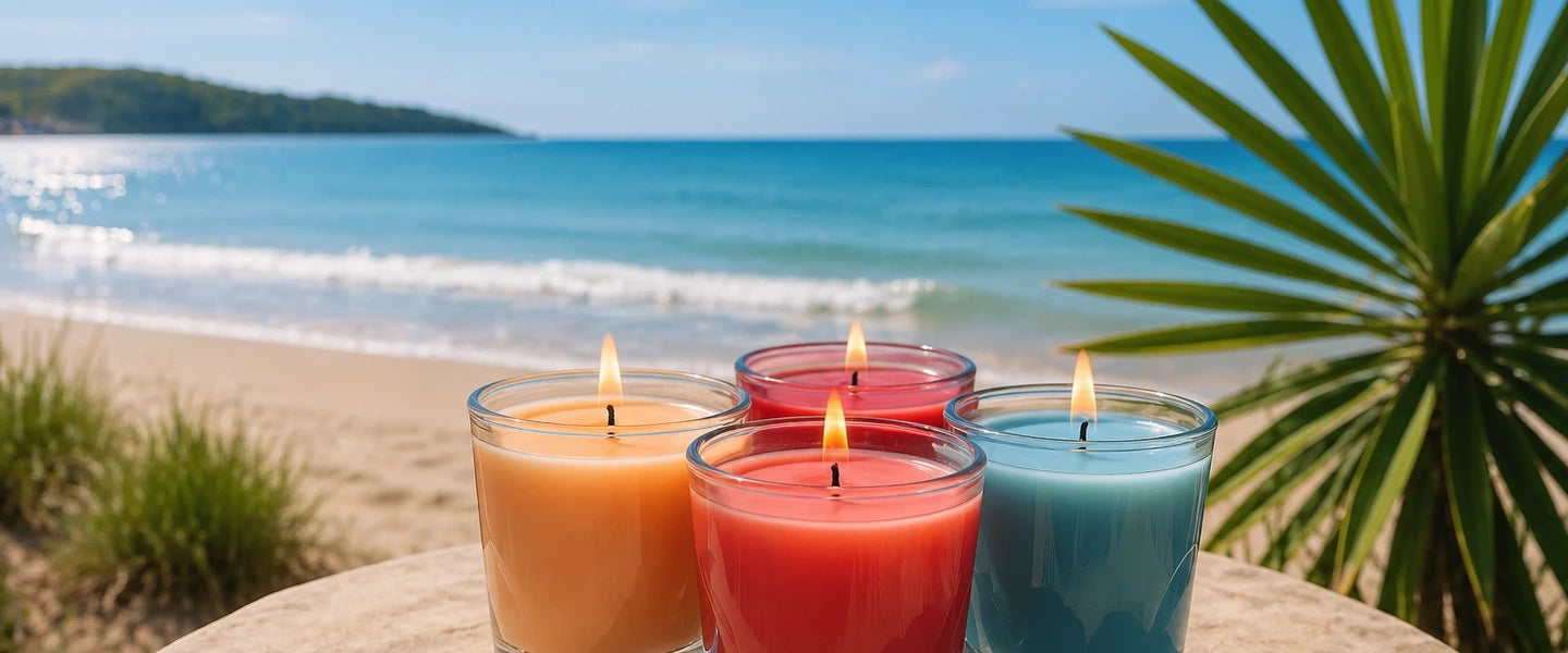 Vier handgegossene Duftkerzen aus Pflanzenwachs am Strand vor türkisblauem Meer – sommerliche Duftkollektion von CandleDeko.