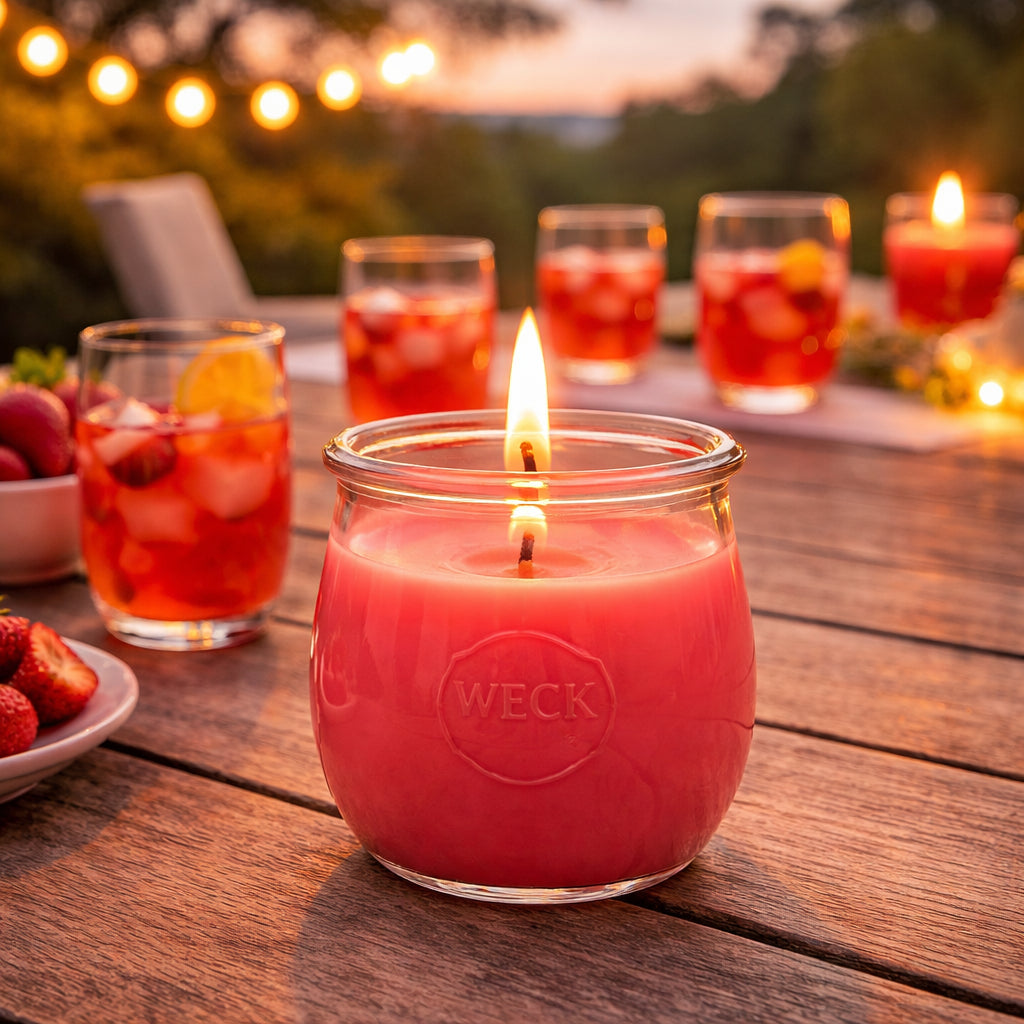 Große Sommerpunsch Duftkerze aus Kokoswachs im WECK-Tulpenglas neben  Gläsern und einer Lichterkette im Garten.
