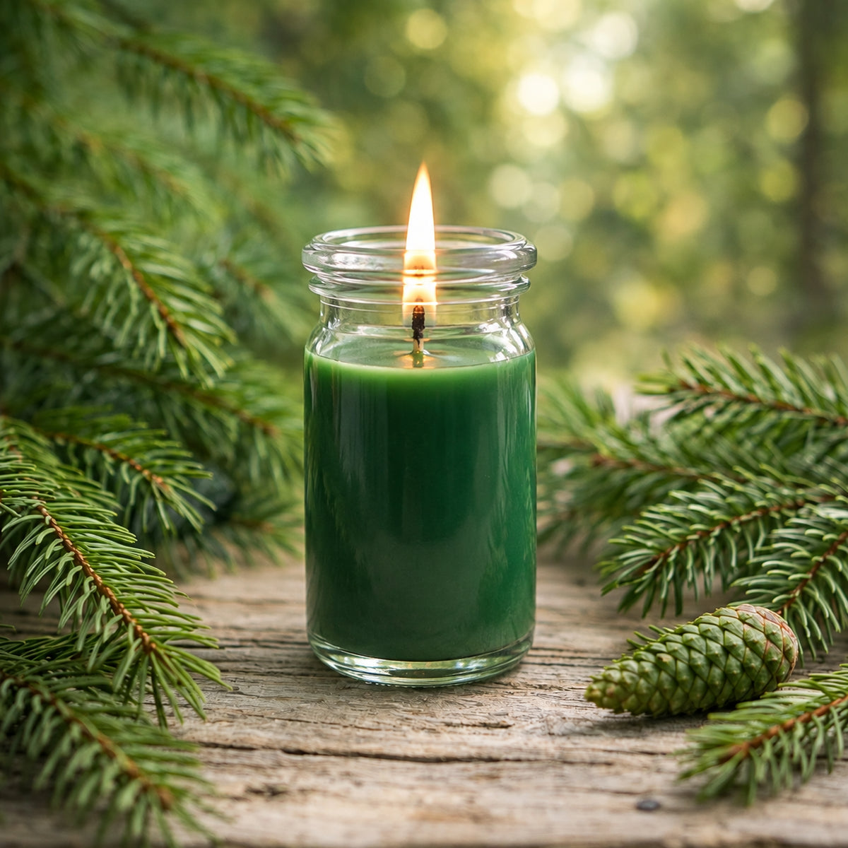 Tannenbaum kleine Duftkerze aus Kokoswachs im WECK-Tulpenglas von CandleDeko, umgeben von frischen Fichtenzweigen und einem Zapfen.