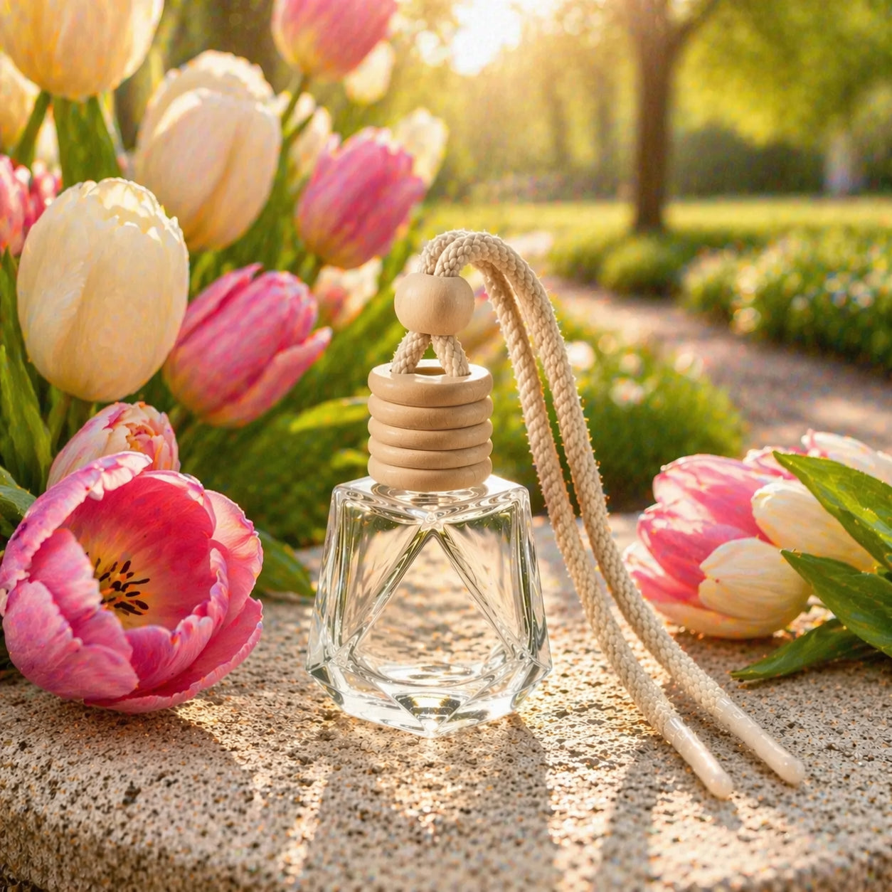 CandleDeko Tulpe Autoduft Flakon auf Steinplatte umrahmt von frischen rosa und weißen Tulpen im sonnigen Park.