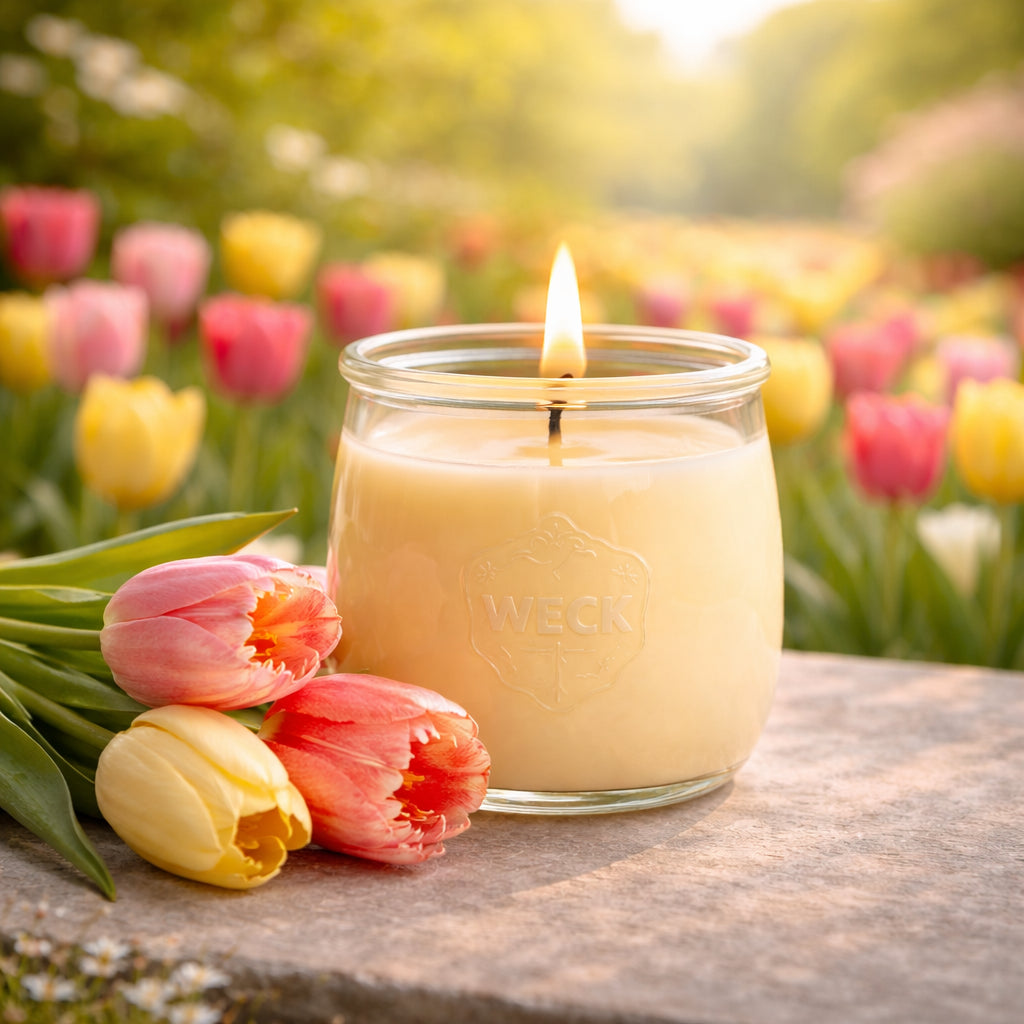 Große Tulpen Duftkerze aus Kokoswachs im WECK-Tulpenglas neben  frischen Tulpen vor einem Tulpenfeld.