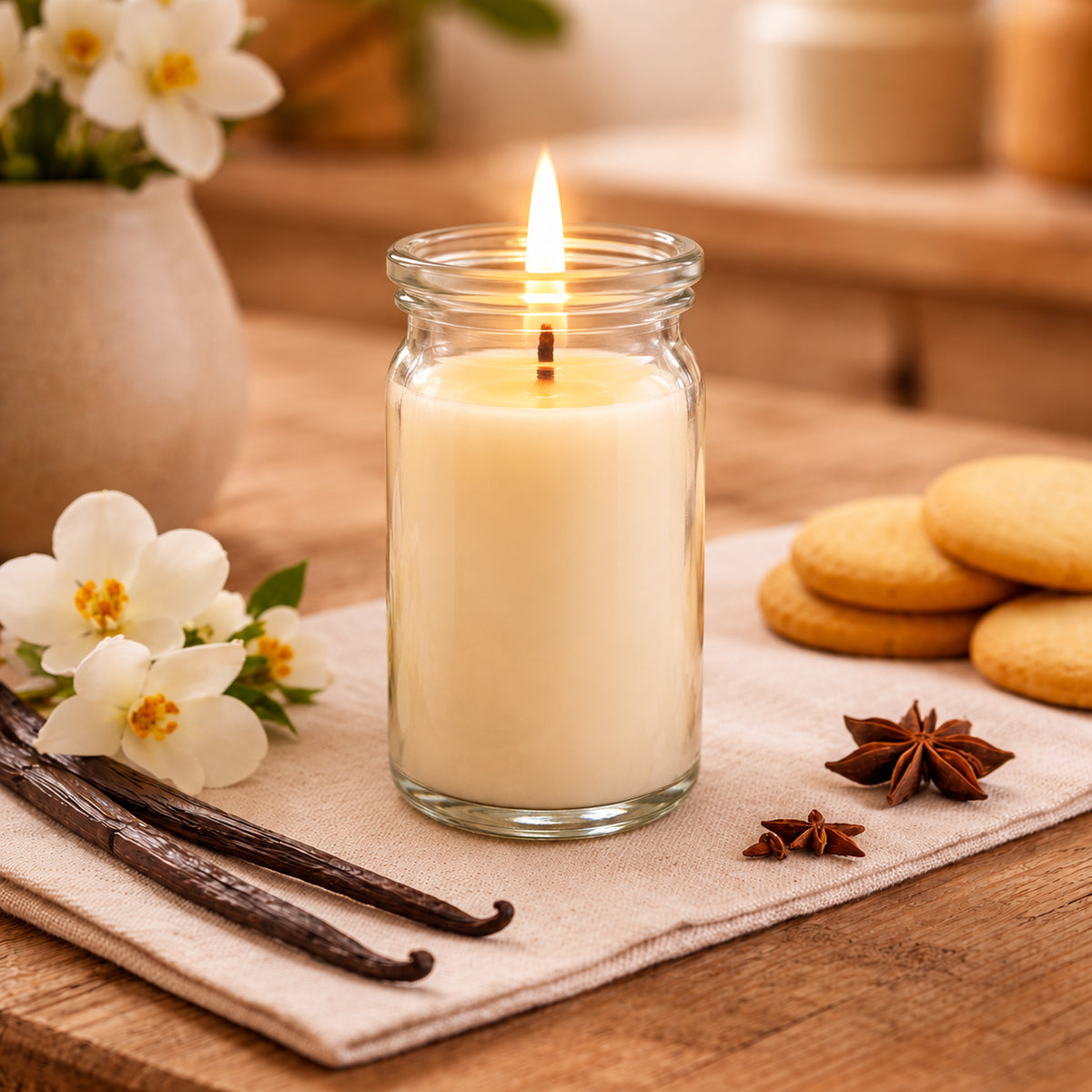 Vanille kleine Duftkerze aus Kokoswachs im WECK-Gas von CandleDeko, cremefarbend und brennend neben echten Vanilleschoten.