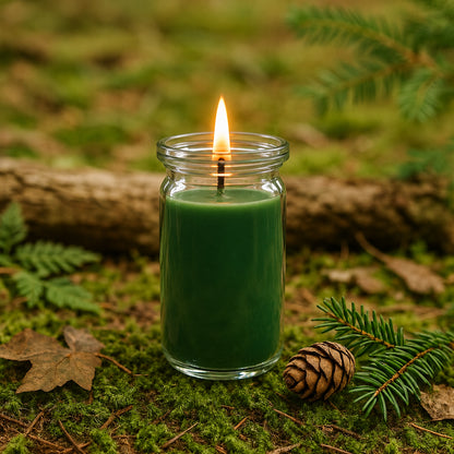 Waldduft kleine Duftkerze aus Kokoswachs im WECK-Glas von CandleDeko, tannengrün und brennend auf Moos neben einem Tannenzapfen.