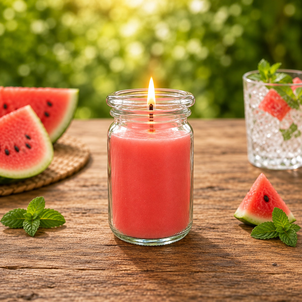 Wassermelonensorbet kleine Duftkerze aus Kokoswachs im WECK-Tulpenglas von CandleDeko, neben saftigen Wassermelonenscheiben.