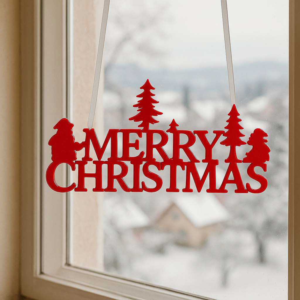 Roter Merry Christmas Fensterhänger aus Filz mit Tannenbäumen im Fenster vor verschneiter Winterlandschaft.