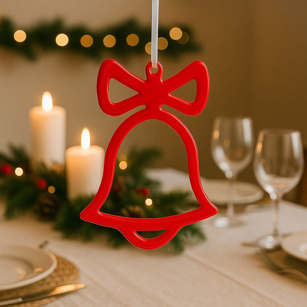 Rote handgemachte Epoxidharz-Weihnachtsglocke hängend über einem festlich gedeckten Weihnachtstisch