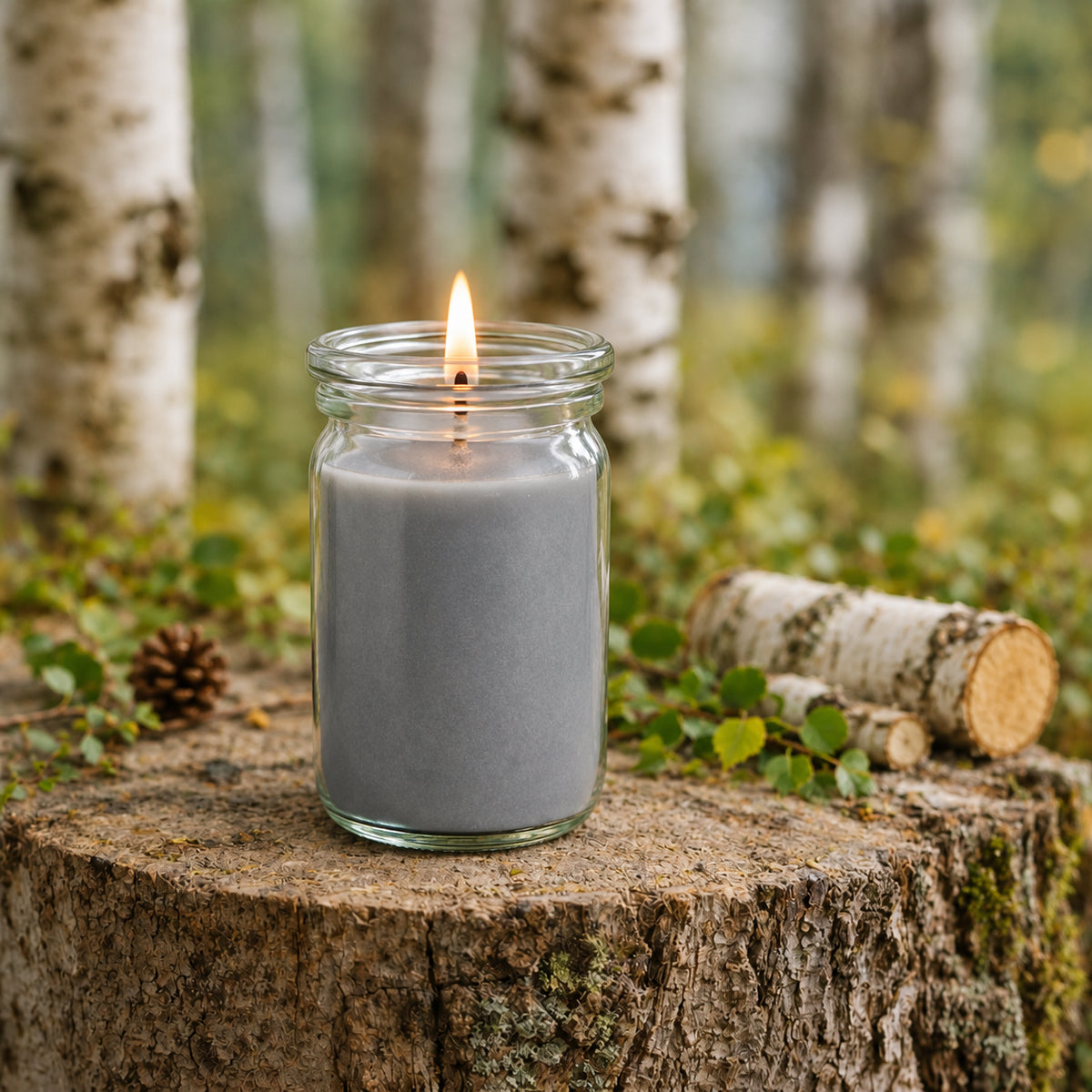 Weißbirke kleine Duftkerze aus Kokoswachs im WECK-Tulpenglas von CandleDeko, neben Birkenholzscheiten im Wald.