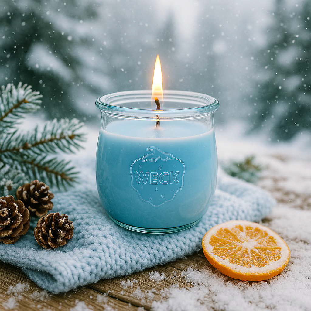Weiße Weihnachten große Duftkerze aus Kokoswachs im WECK-Tulpenglas von CandleDeko, brennend im Schnee neben einer getrockneten Orangenscheibe.