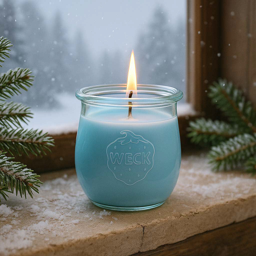 Weiße Weihnachten große Duftkerze aus Kokoswachs im WECK-Tulpenglas von CandleDeko, auf einer Fensterbank vor verschneitem Winterwald.