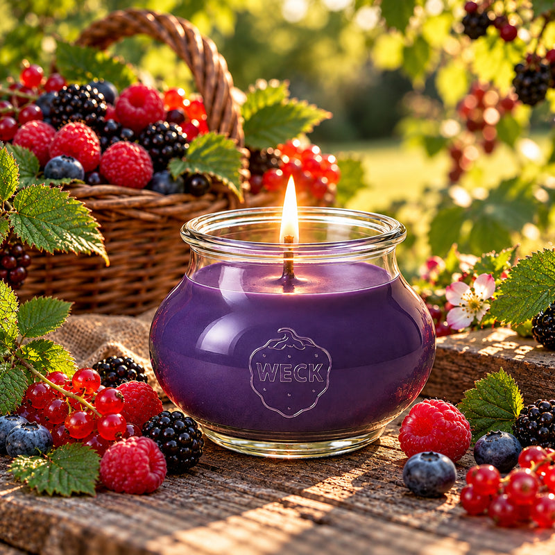 Wildbeeren Duftkerze Grande von CandleDeko Grande aus pflanzlichem Sojawachs mit edlem Holzkreuzdocht im WECK-Glas.