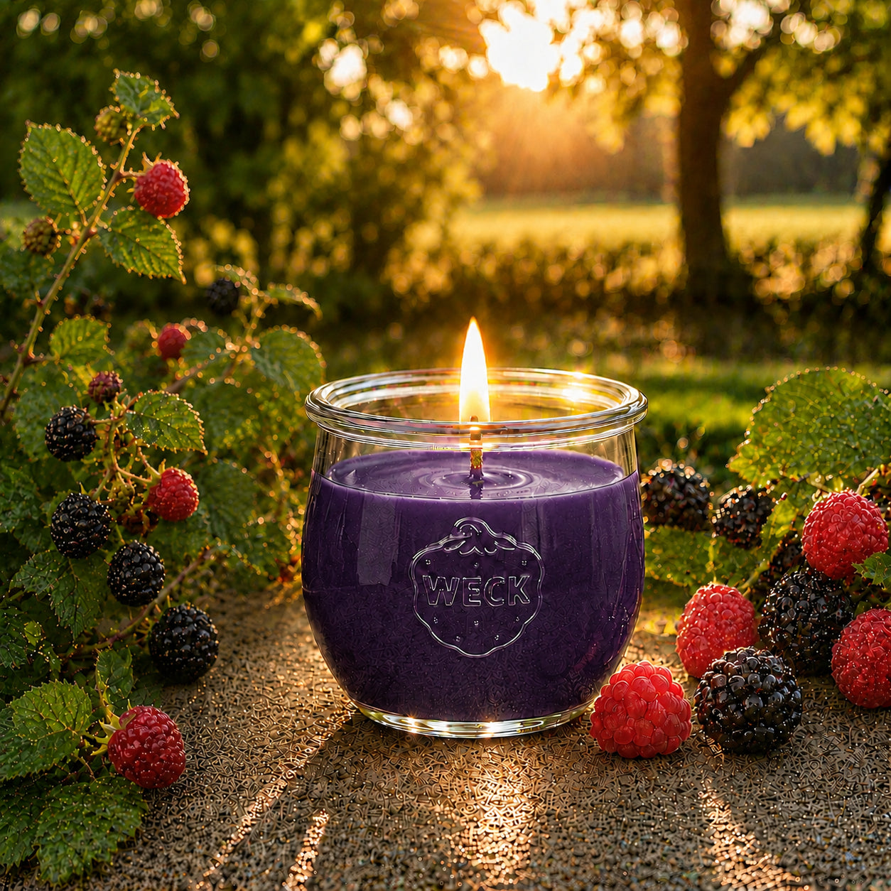 Wildbeeren große Duftkerze aus Kokoswachs im WECK-Tulpenglas von CandleDeko, auf einer Terrasse mit Blick auf Strand und Meer.