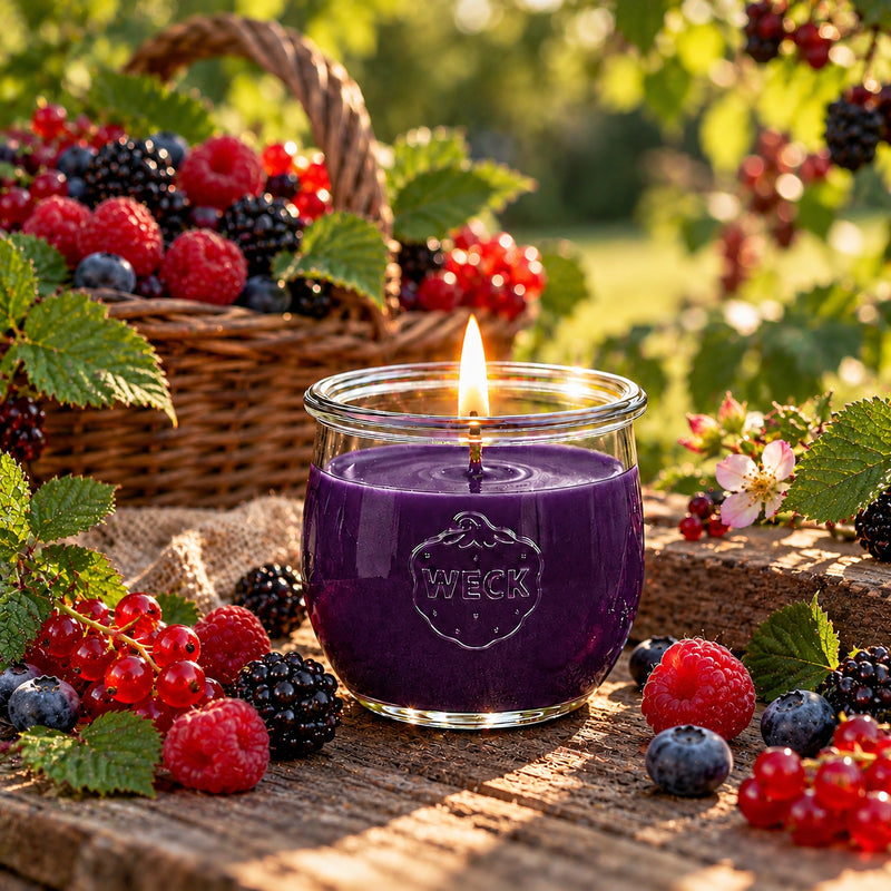 Wildbeeren große Duftkerze aus Kokoswachs im WECK-Tulpenglas von CandleDeko, auf einer Terrasse mit Beeren.