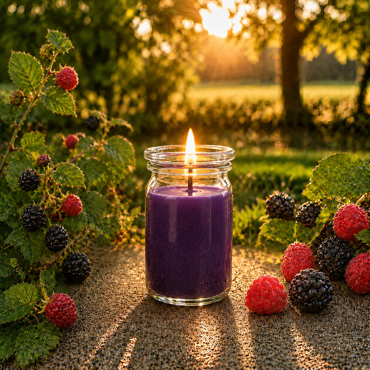 Wildbeeren kleine Duftkerze aus Kokoswachs im WECK-Glas von CandleDeko, auf einer Terrasse mit Beeren.