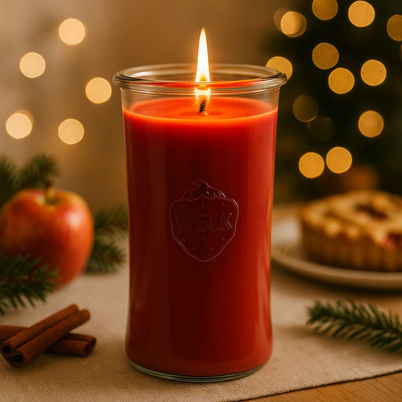 Brennende rote CandleDeko Apfel-Zimt XXL Duftkerze im WECK-Sturzglas neben Zimtstangen vor einem Lichtermeer.