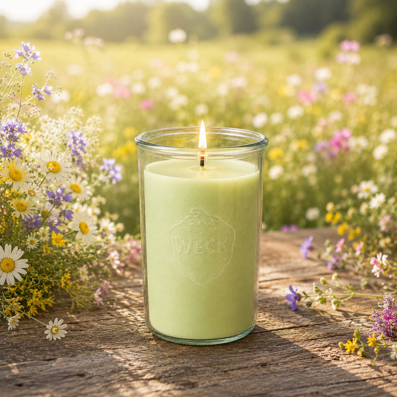 Brennende hellgrüne CandleDeko Blütenwiese XXL Duftkerze im WECK-Sturzglas neben einer Vase mit Wiesenblumen.