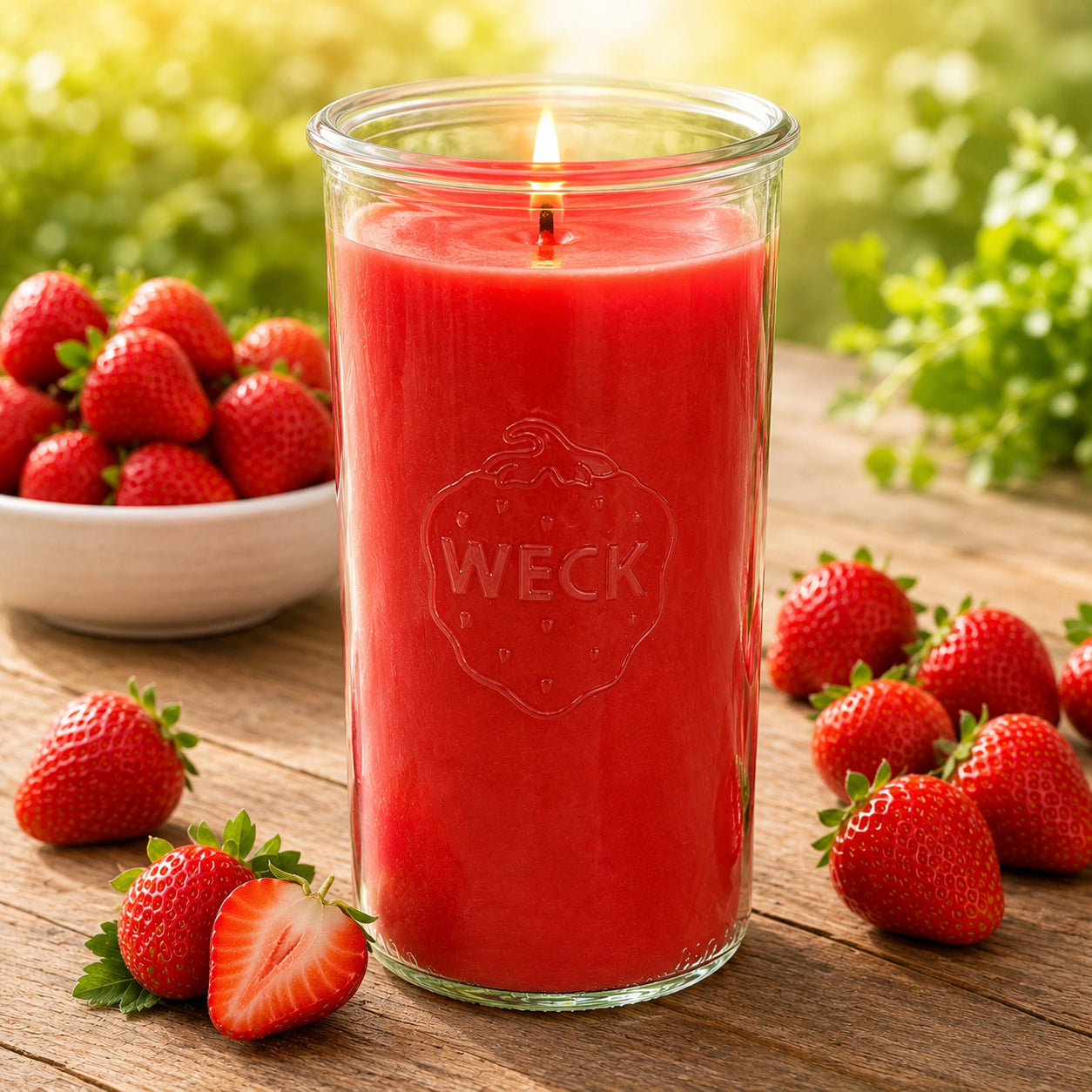 Riesige brennende CandleDeko XXL Duftkerze aus nachhaltigem Sojawachs mit knisterndem Holzdocht im großen WECK-Glas – Sorte Erdbeere & Rhabarber.