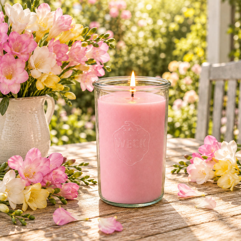 Brennende rosa CandleDeko Freesienzauber XXL Duftkerze im WECK-Sturzglas auf Holztisch neben Freesienblüten