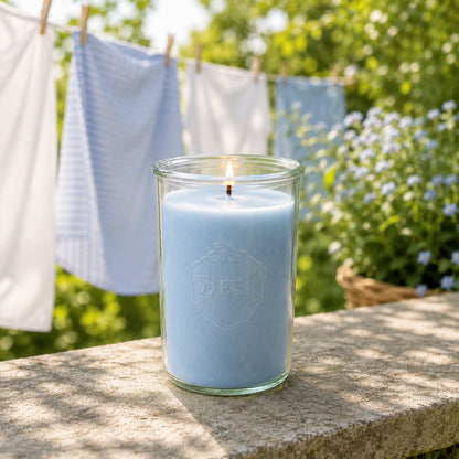 Riesige brennende CandleDeko XXL Duftkerze aus nachhaltigem Kokoswachs mit knisterndem Holzdocht im großen WECK-Glas – Sorte Frische Wäsche.