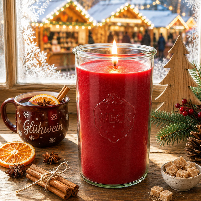 XXL-Duftkerze Glühwein aus Kokoswachs im großen WECK-Glas mit Holzdocht auf rustikalem Holztisch vor winterlicher Weihnachtsmarkt-Kulisse