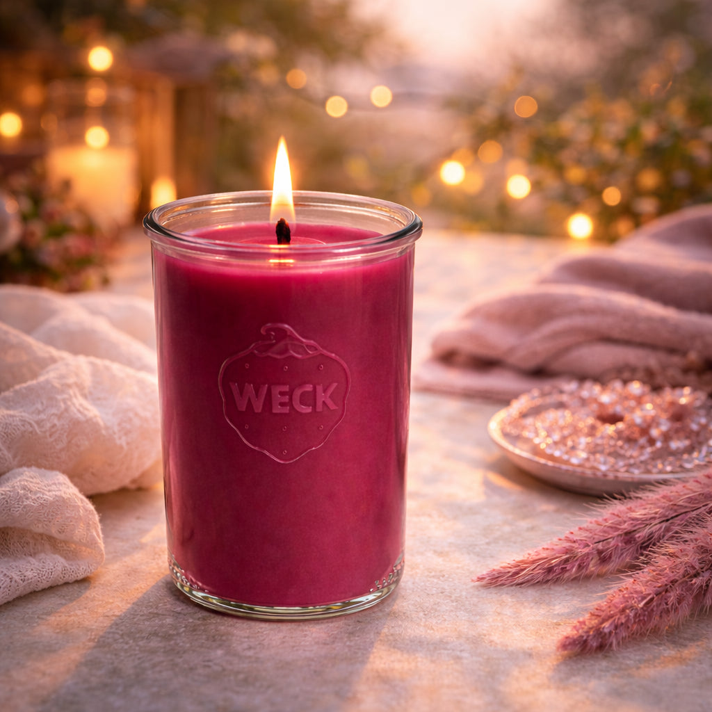 Brennende brombeerrote CandleDeko Kaschmirtraum XXL Duftkerze im WECK-Sturzglas auf dem Tisch vor einem Lichtermeer.