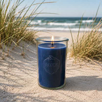 Riesige brennende CandleDeko XXL Duftkerze aus Kokoswachs mit knisterndem Holzdocht im großen WECK-Glas – Sorte Meeresbrise am Strand in den Duenen