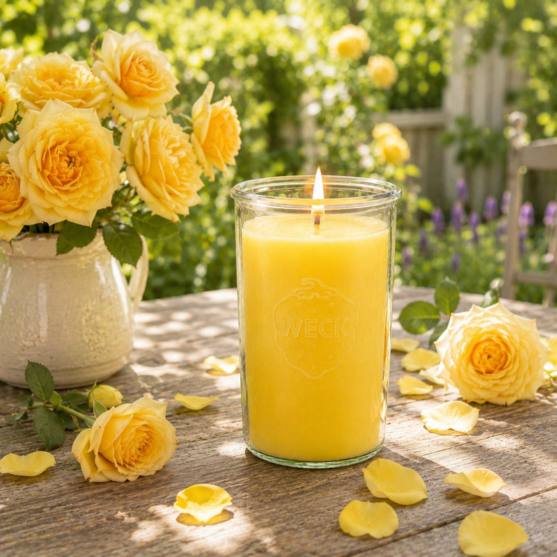 Riesige brennende CandleDeko XXL Duftkerze aus nachhaltigem Sojawachs mit knisterndem Holzdocht im großen WECK-Glas – Sorte Rose.