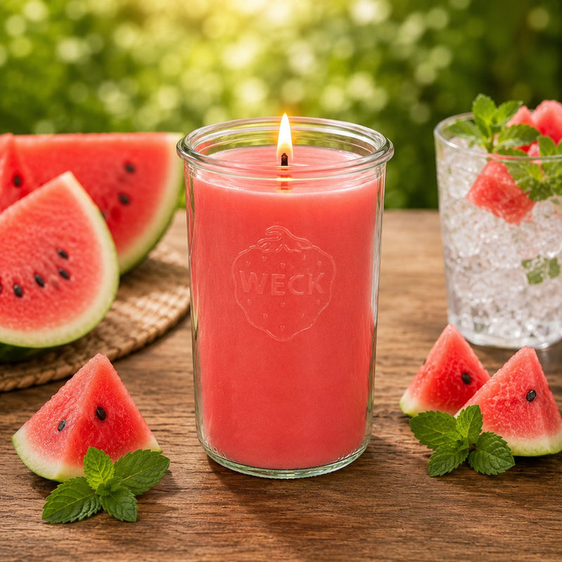 Brennende rosa CandleDeko XXL Duftkerze im WECK-Sturzglas auf Steinteller neben Wassermelone und Sorbet