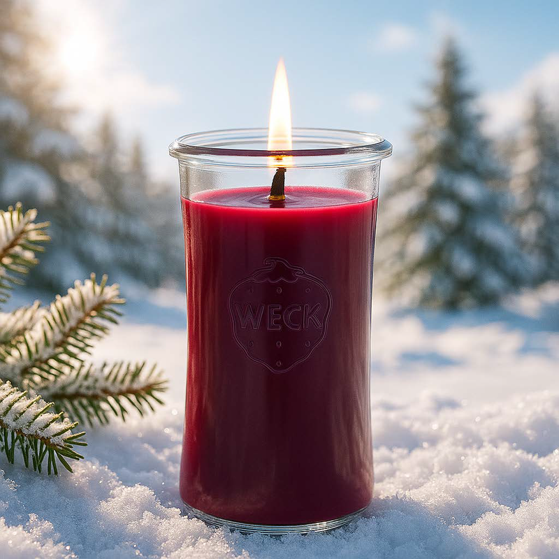 Brennende dunkelrote CandleDeko Winterbeeren XXL Duftkerze im WECK-Sturzglas im tiefen Schnee vor Winterwald.