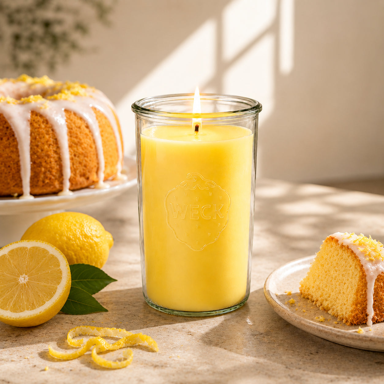Brennende gelbe CandleDeko XXL Duftkerze im WECK-Sturzglas auf dem Tisch neben frischem Zitronenkuchen