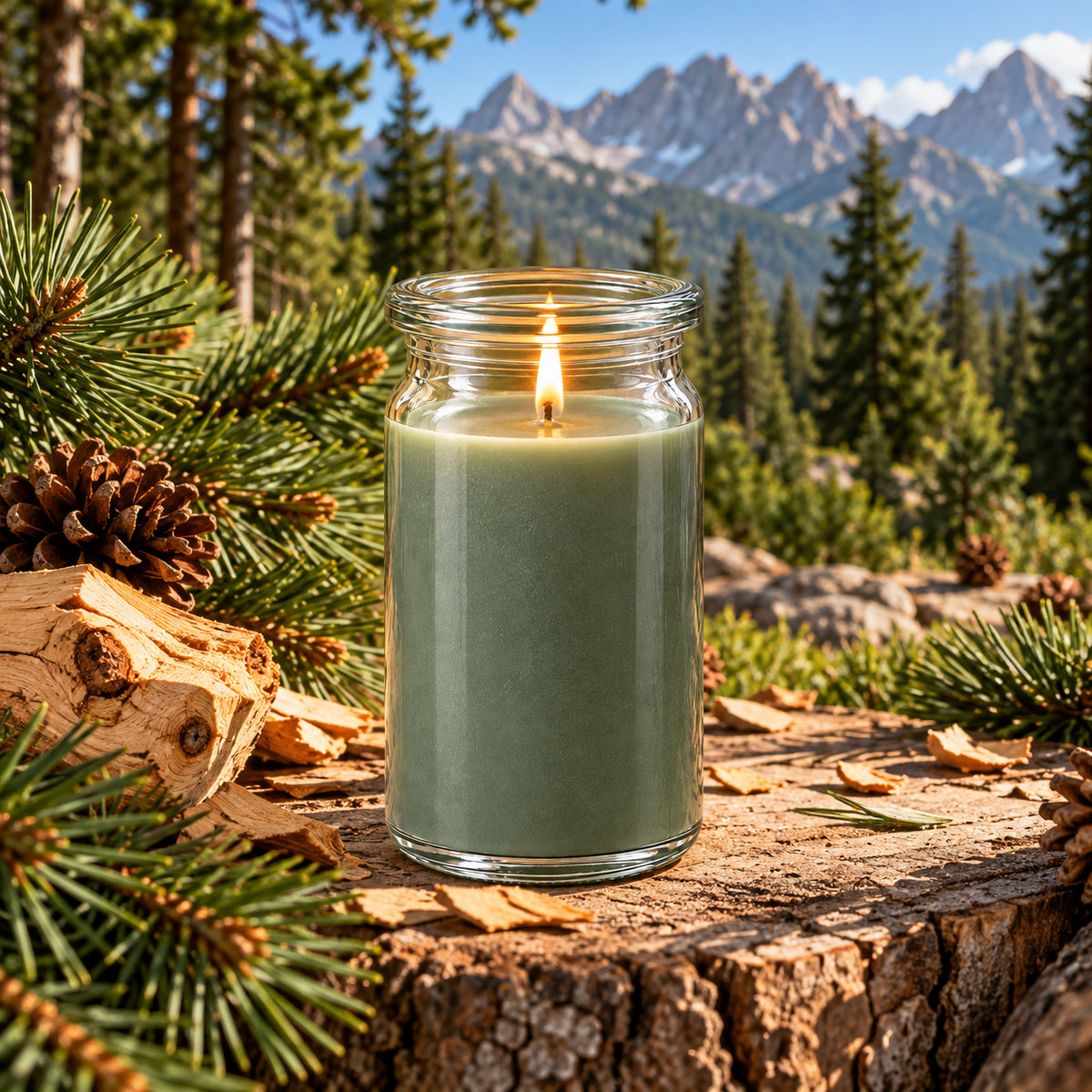 Zirbe Duftkerze aus Kokoswachs im originalen WECK-Glas von CandleDeko, grüngrau und brennend zwischen Zirbenzweigen vor alpiner Berglandschaft.