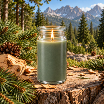 Zirbe Duftkerze aus Kokoswachs im originalen WECK-Glas von CandleDeko, grüngrau und brennend zwischen Zirbenzweigen vor alpiner Berglandschaft.